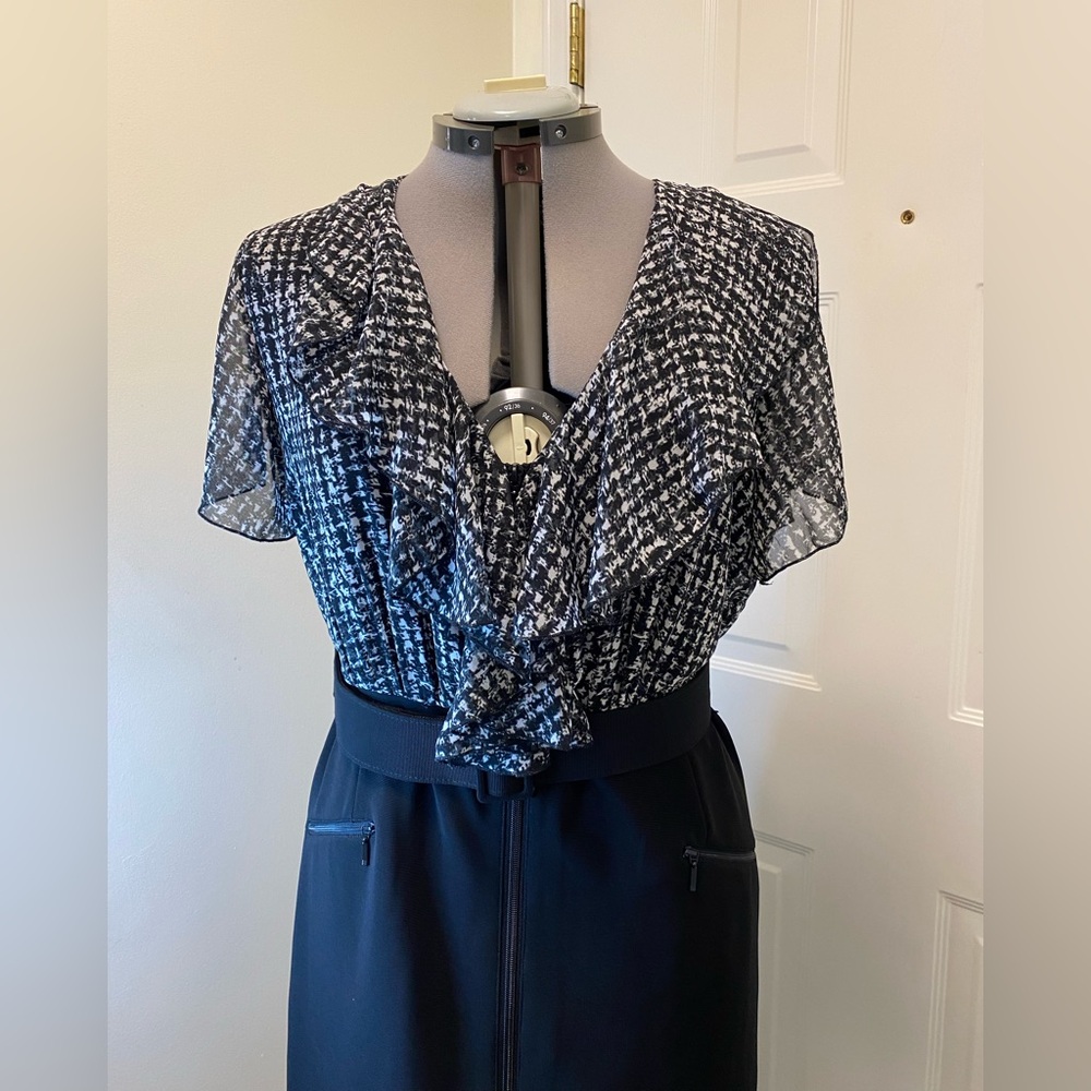 Addition Elle Semi Formal Short Sleeve Semi Sheer Top V-neck belted dress 1X